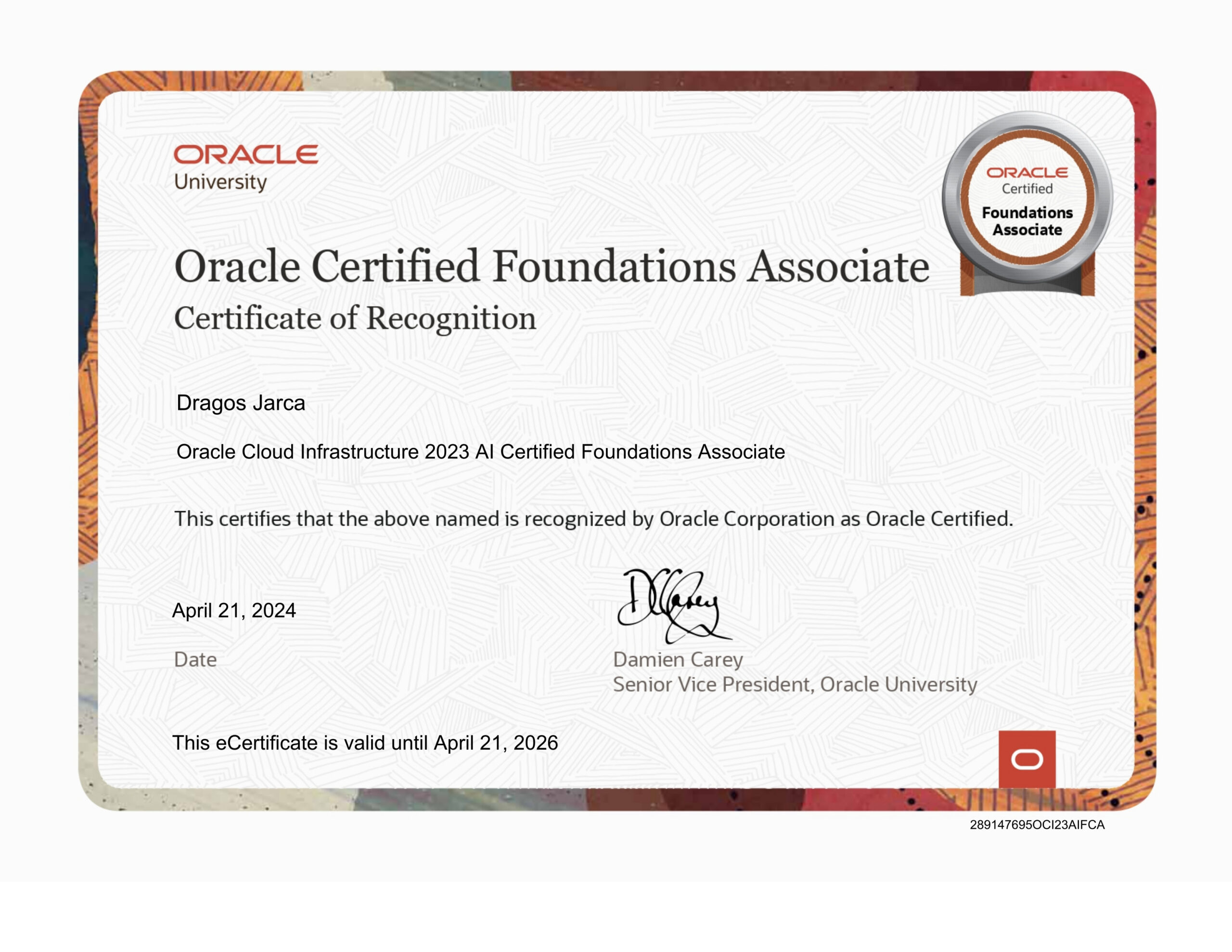 Oracle Cloud Infrastructure 2023 AI Certified Foundations Associate eCertificate